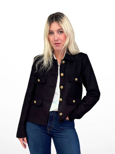 chaqueta tweed negra bolsillos
